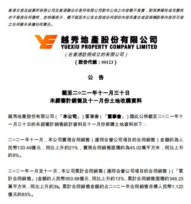 稳健增长 越秀地产11月销售金额同比上升约21%_中国网地产